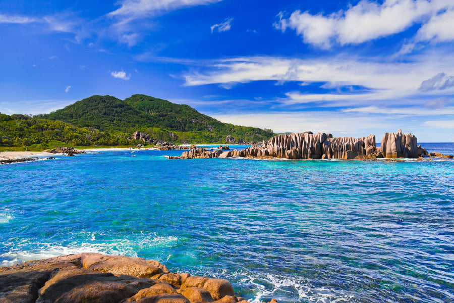 Rocks on Tropical Beach View at Seychelles Print 100% Australian Made