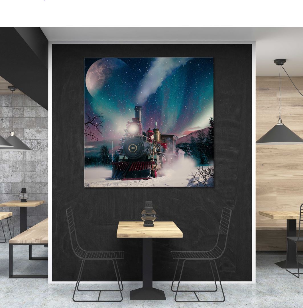 Square Canvas Train in Snow Moon Night View High Quality Print 100% Australian Made