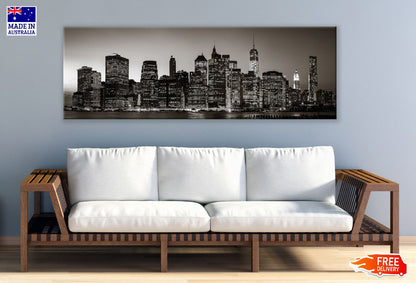 Panoramic Canvas Manhattan City Night B&W View Photograph High Quality 100% Australian Made Wall Canvas Print Ready to Hang