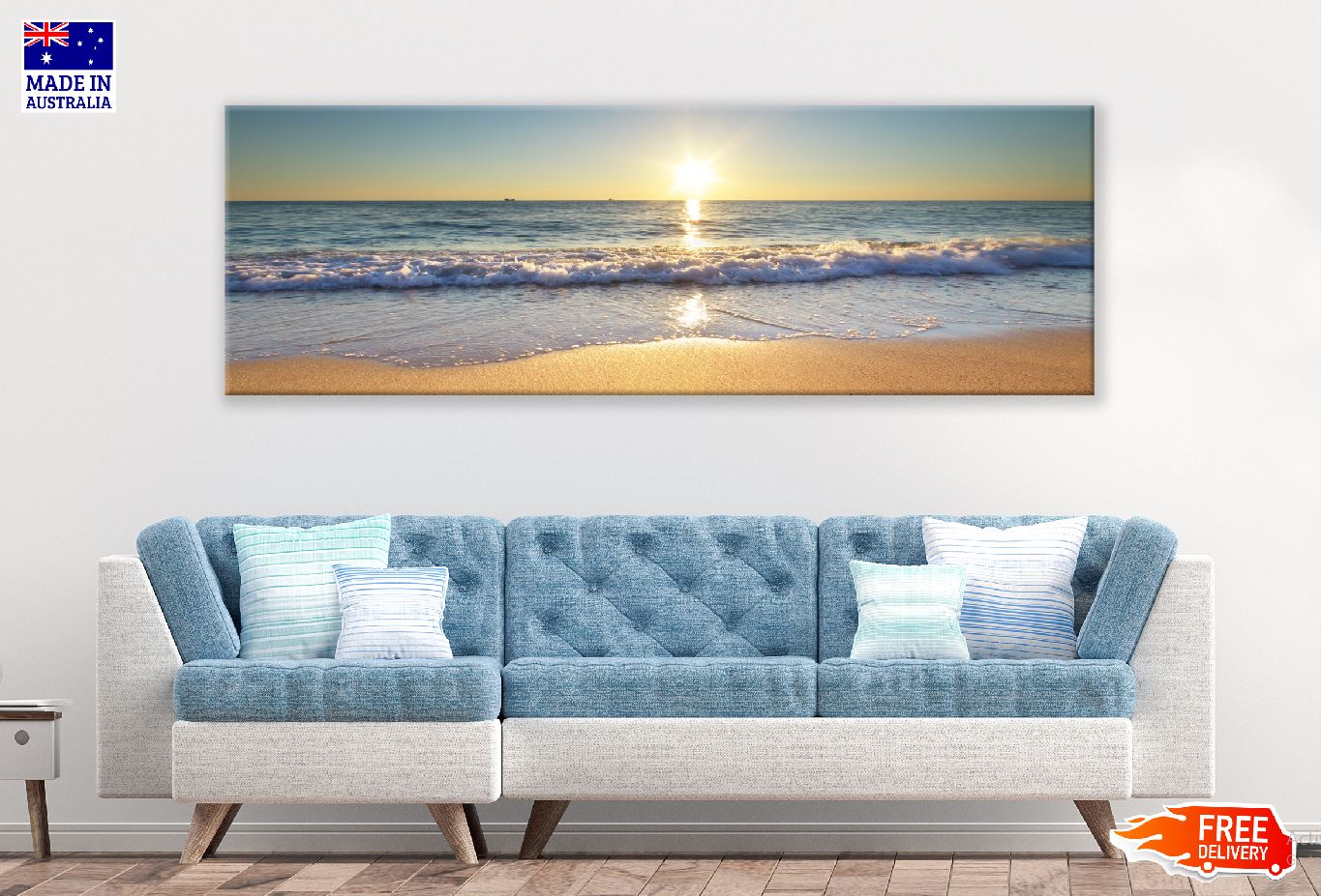 Panoramic Canvas Seashore Wave Sunset View Photograph High Quality 100% Australian Made Wall Canvas Print Ready to Hang