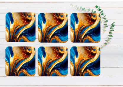 Gold & Blue Abstract Coasters Wood & Rubber - Set of 6 Coasters