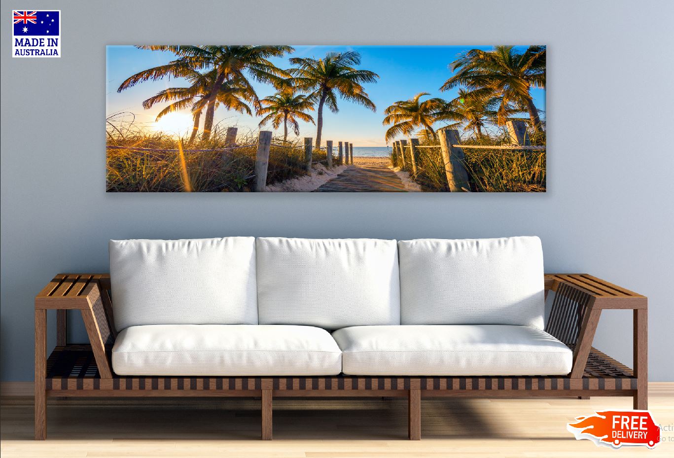 Panoramic Canvas Sea Pathway & Palm Trees Sunset Photograph High Quality 100% Australian Made Wall Canvas Print Ready to Hang