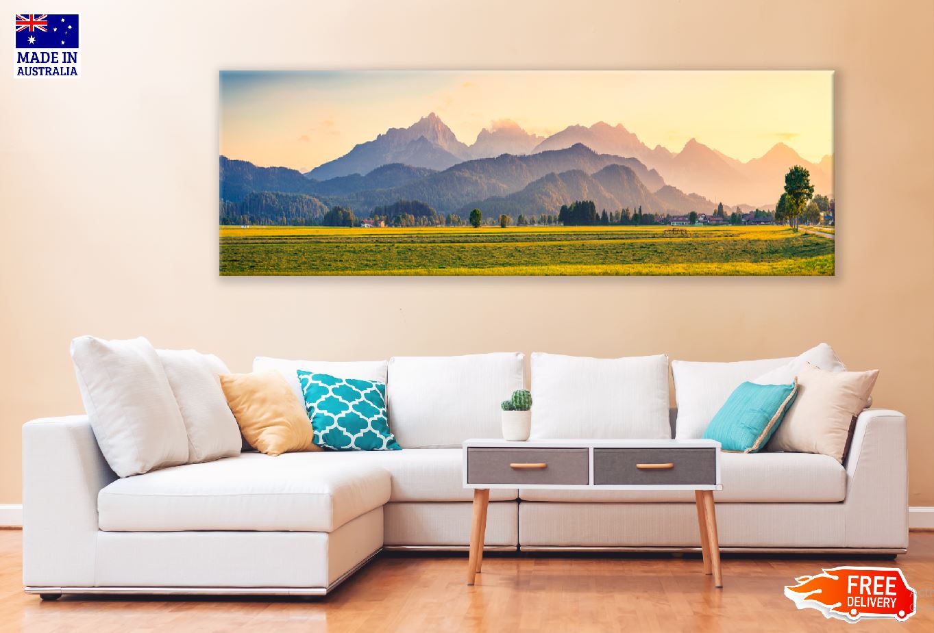 Panoramic Canvas Mountains Field View Photograph High Quality 100% Australian Made Wall Canvas Print Ready to Hang