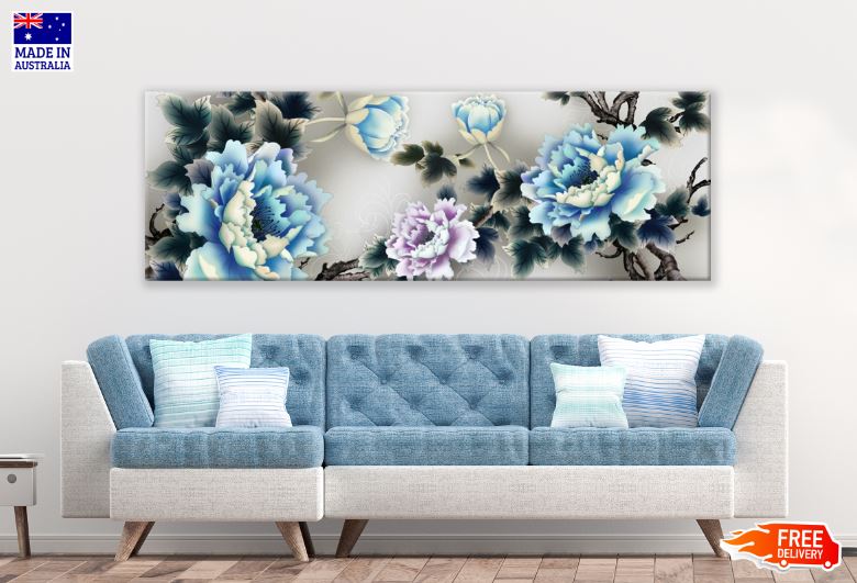 Panoramic Canvas Blue & Pink Floral Painting High Quality 100% Australian Made Wall Canvas Print Ready to Hang