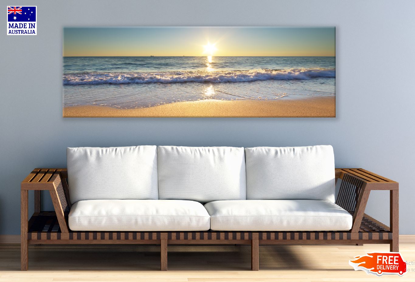 Panoramic Canvas Seashore Wave Sunset View Photograph High Quality 100% Australian Made Wall Canvas Print Ready to Hang