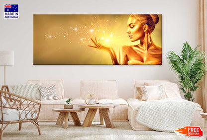 Panoramic Canvas Golden Makeup Girl High Quality 100% Australian Made Wall Canvas Print Ready to Hang