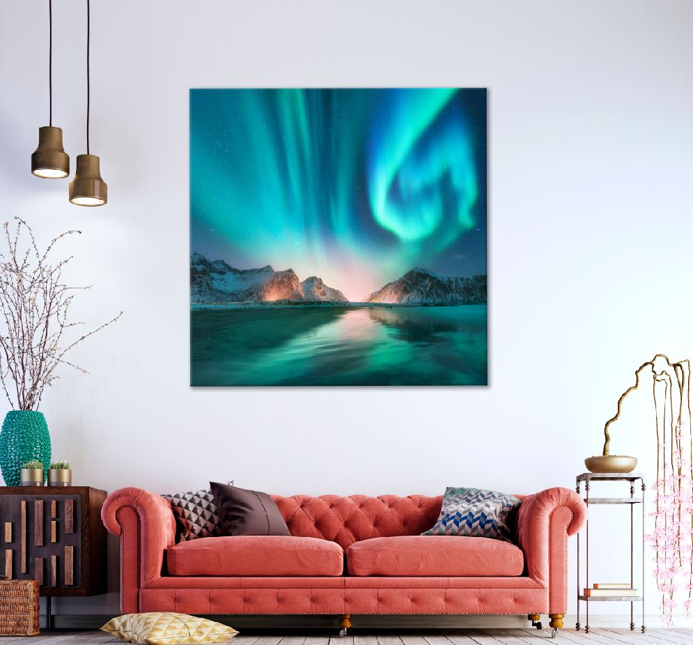 Square Canvas Aurora in Lofoten Island View Photograph High Quality Print 100% Australian Made