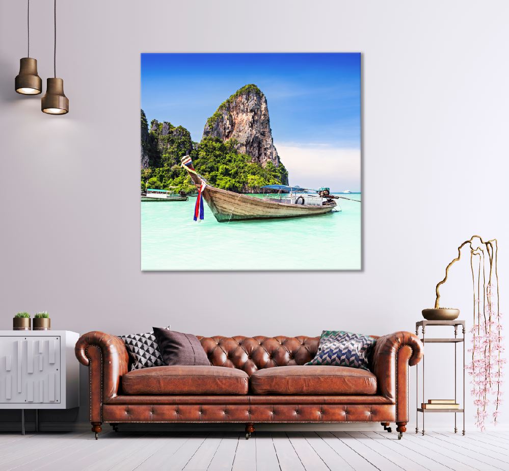 Square Canvas Longtail Boat Beach Photograph Thailand High Quality Print 100% Australian Made