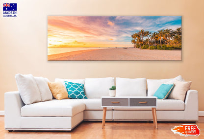 Panoramic Canvas Palm Trees & Sand Sea Photograph High Quality 100% Australian Made Wall Canvas Print Ready to Hang