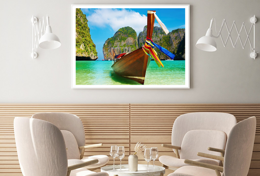 Boat On Sea & Rock Mountain View Photograph Home Decor Premium Quality Poster Print Choose Your Sizes