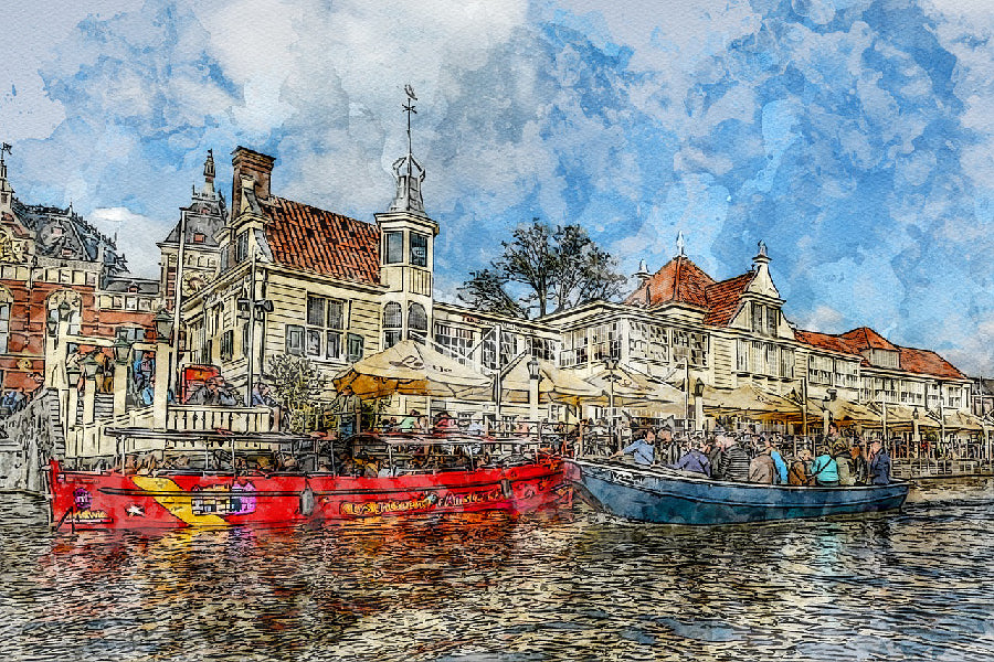 Boats on Canal in Amsterdam, Netherland Print 100% Australian Made