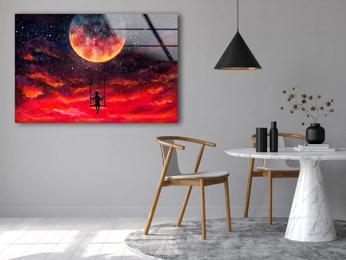 Girl on Swings Red Sky with Moon Painting Acrylic Glass Print Tempered Glass Wall Art 100% Made in Australia Ready to Hang