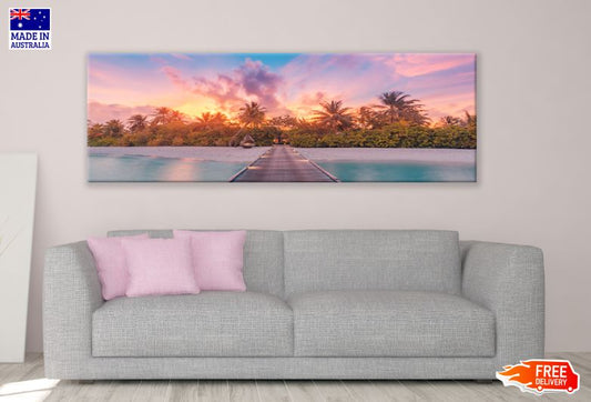 Panoramic Canvas Wooden Pier & Island at Sunset Photograph High Quality 100% Australian Made Wall Canvas Print Ready to Hang