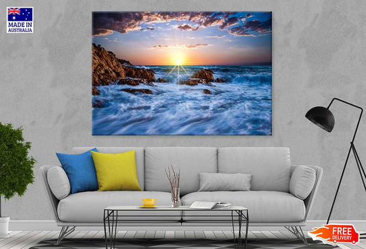 Rocks on Sea Sunset Cloudy Sky Photograph Print 100% Australian Made