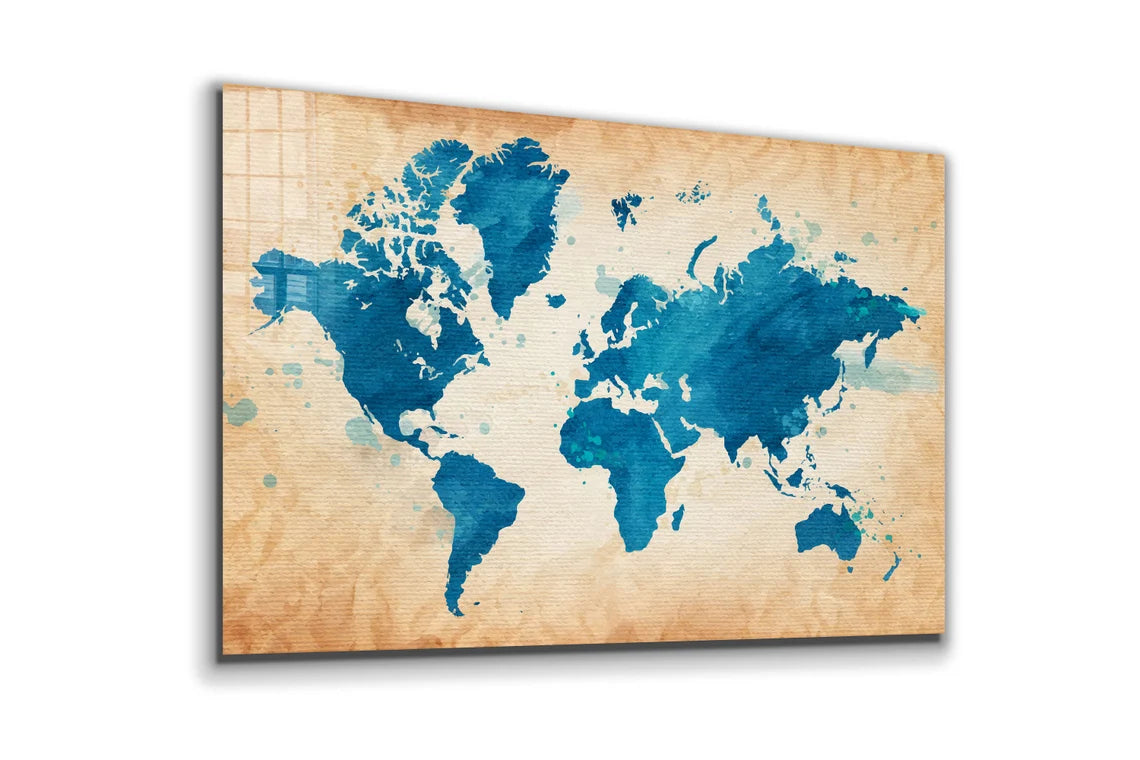 Blue World Map Vector Print Tempered Glass Wall Art 100% Made in Australia Ready to Hang