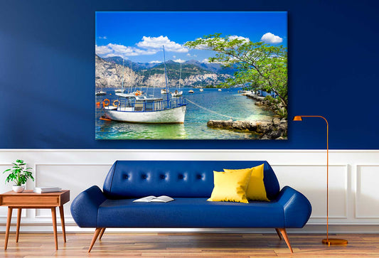 Bella Home Sea Boats & Mountain Range View Print Canvas Ready to hang