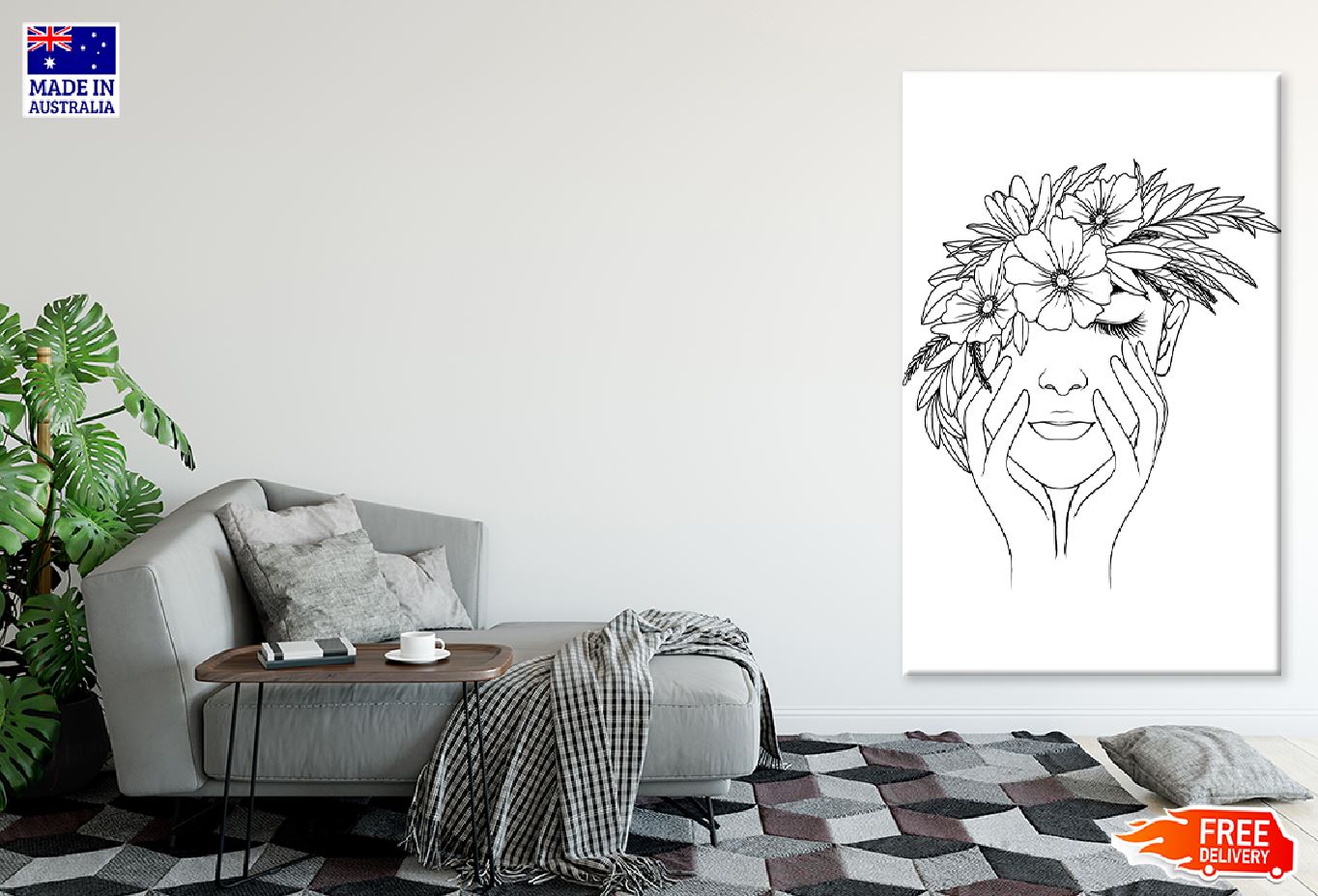 Woman Flower Crown B&W Line Art Design Print 100% Australian Made