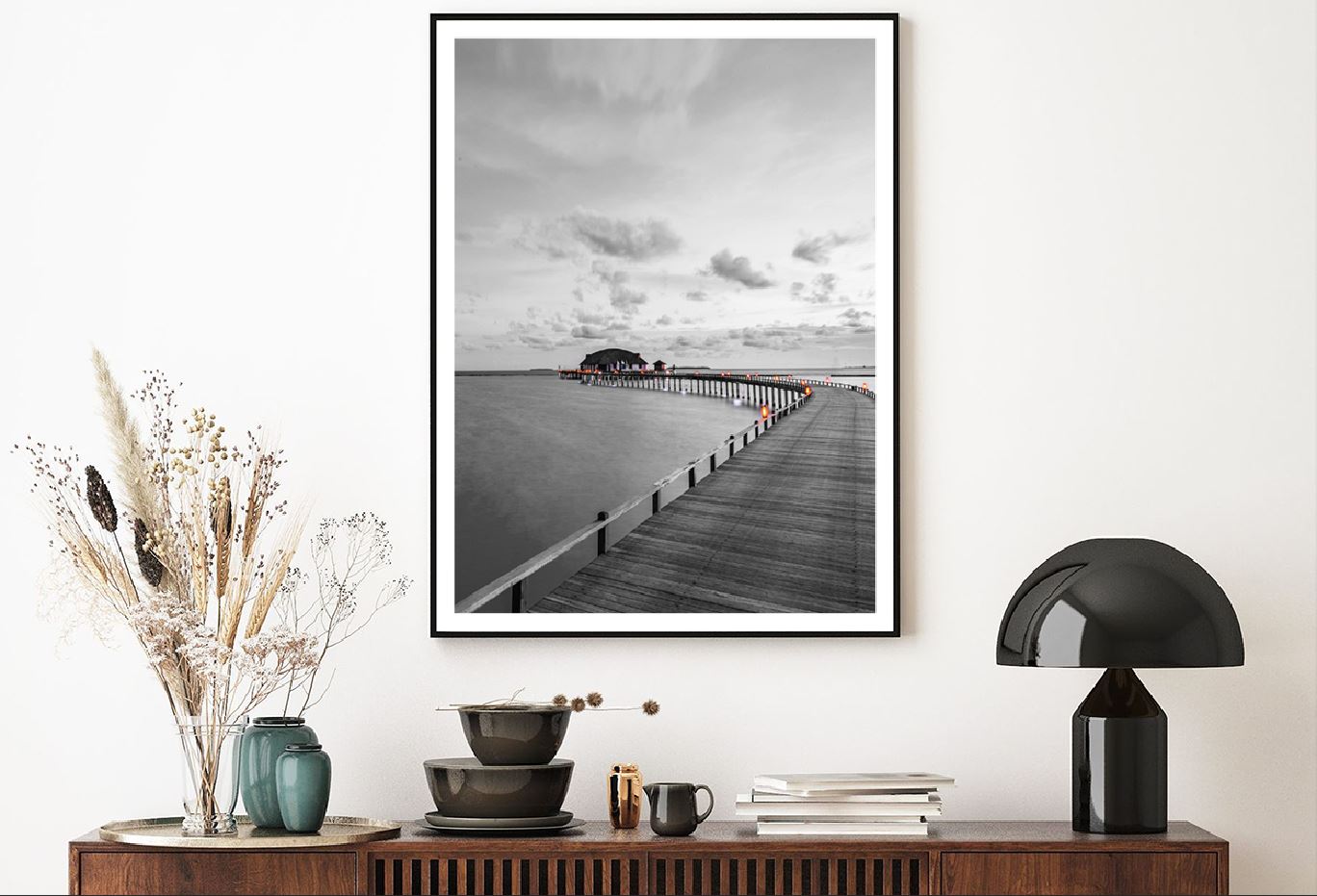 Wooden Pier Villas on Sea B&W Photograph Home Decor Premium Quality Poster Print Choose Your Sizes