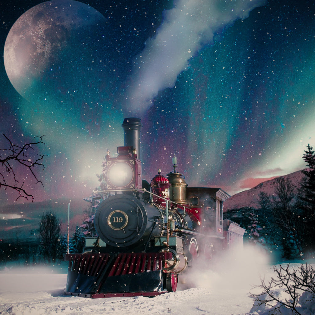 Square Canvas Train in Snow Moon Night View High Quality Print 100% Australian Made