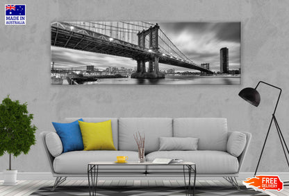 Panoramic Canvas Brooklyn Bridge B&W View Photograph High Quality 100% Australian Made Wall Canvas Print Ready to Hang