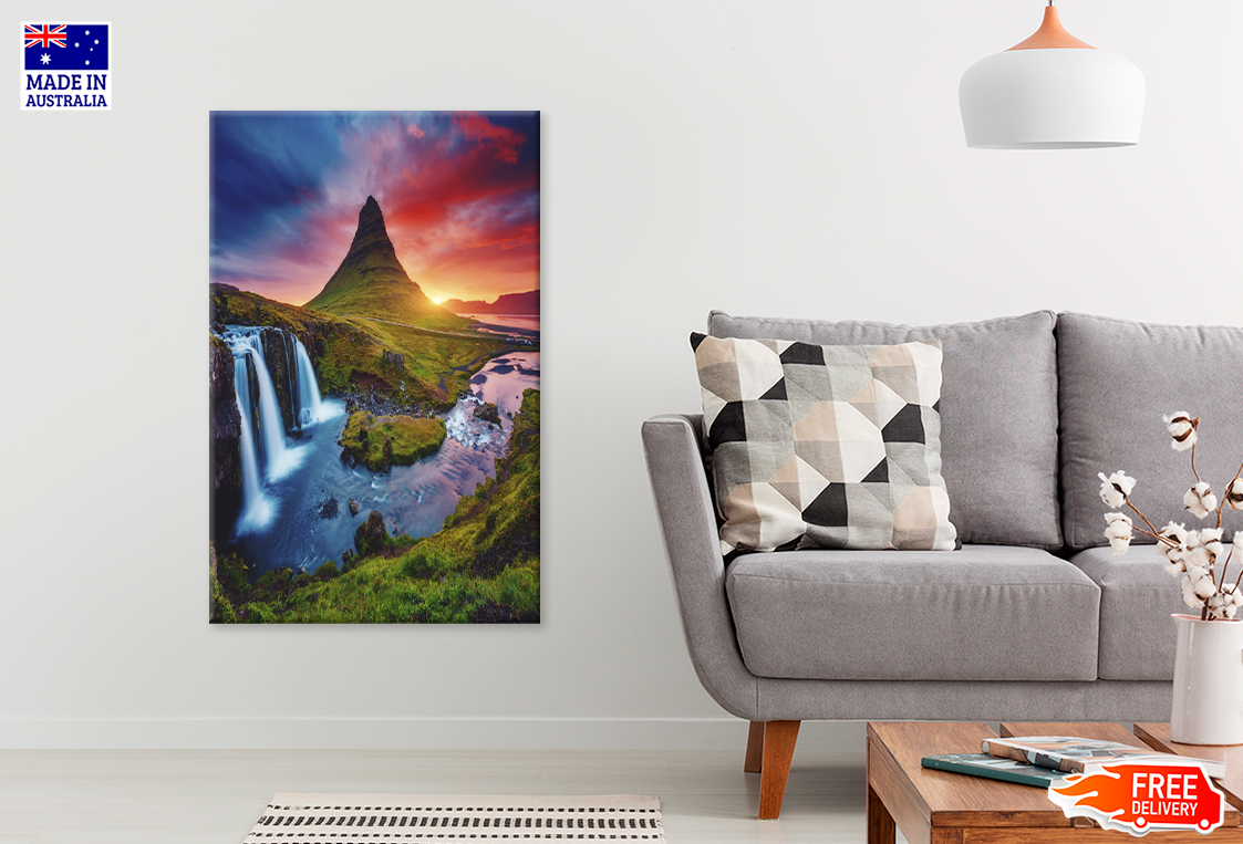 Mountain & Waterfall Sunset Photograph Print 100% Australian Made