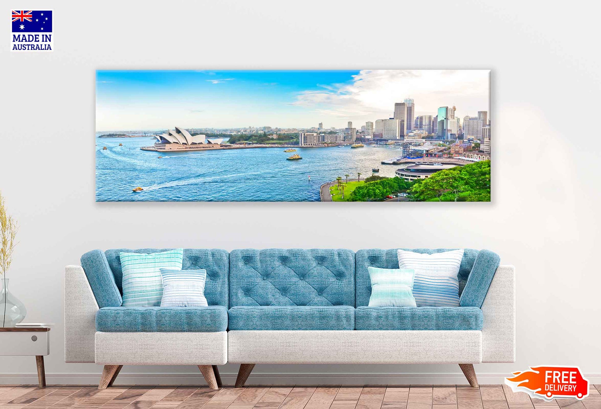 Panoramic Canvas Sydney Harbour View With Boats High Quality 100% Australian Made Wall Canvas Print Ready to Hang