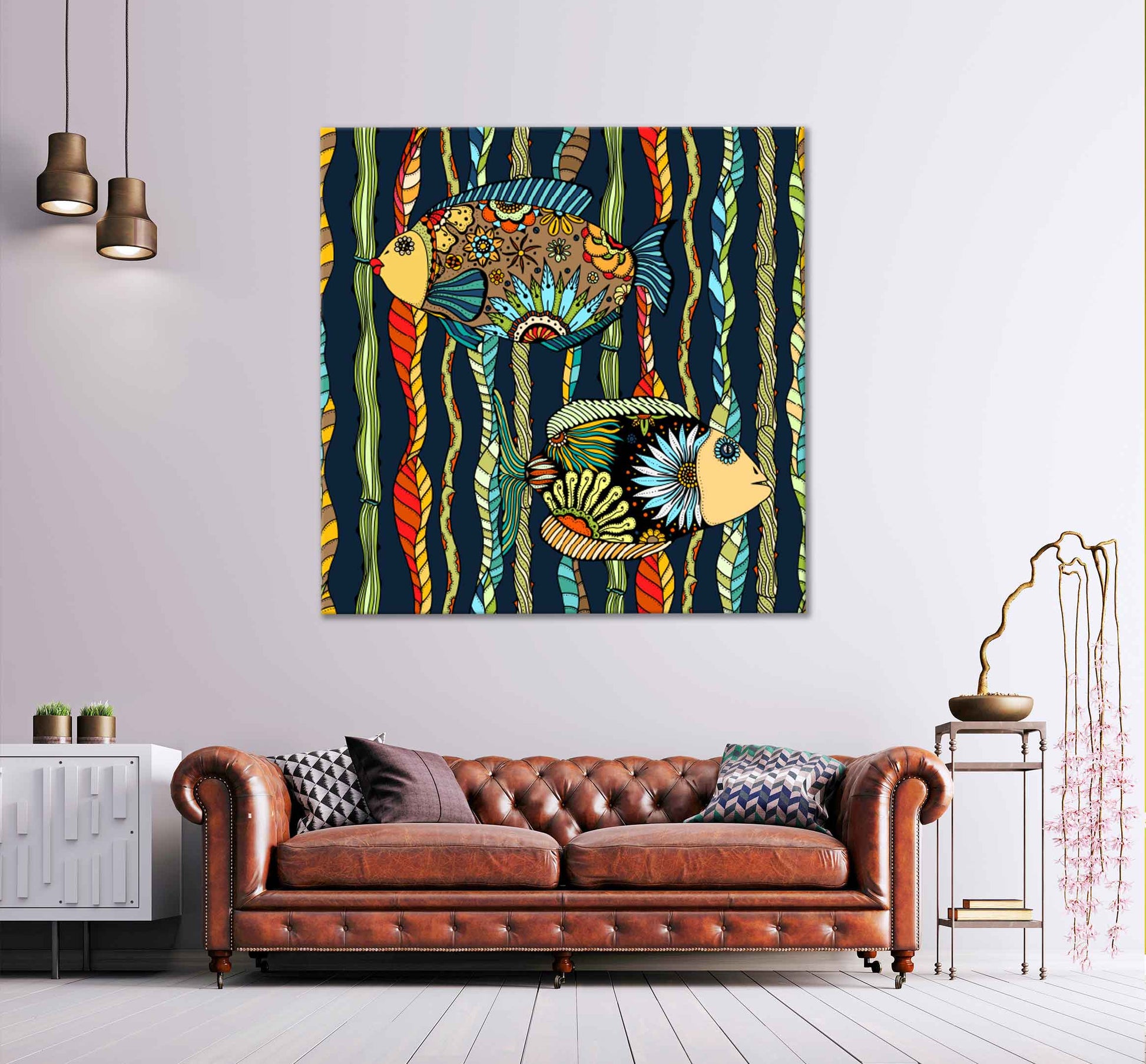 Square Canvas Fish with Colorful Leaves Art High Quality Print 100% Australian Made