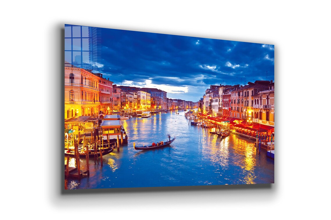 Canal in Italy Night Print Tempered Glass Wall Art 100% Made in Australia Ready to Hang