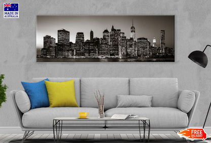 Panoramic Canvas Manhattan City Night B&W View Photograph High Quality 100% Australian Made Wall Canvas Print Ready to Hang