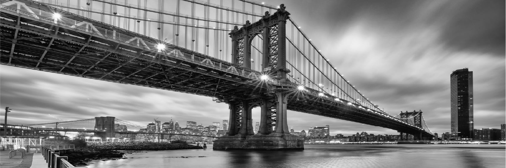 Panoramic Canvas Brooklyn Bridge B&W View Photograph High Quality 100% Australian Made Wall Canvas Print Ready to Hang