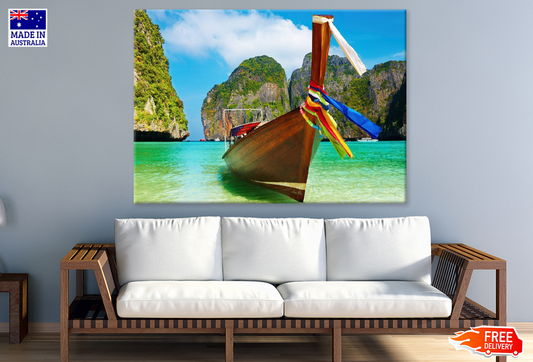 Boat On Sea & Nature Rocks Sky View Print 100% Australian Made