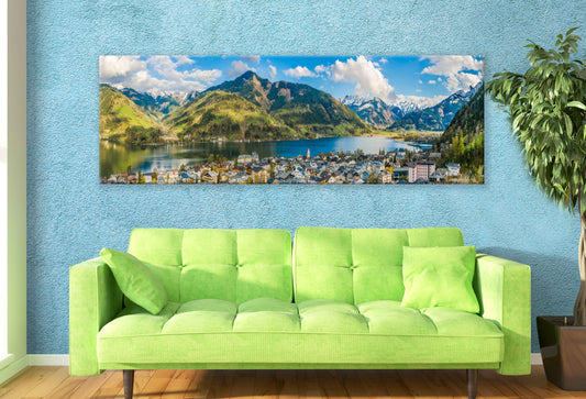 Panoramic Canvas Mountain & City Lake View Photograph High Quality 100% Australian Made Wall Canvas Print Ready to Hang