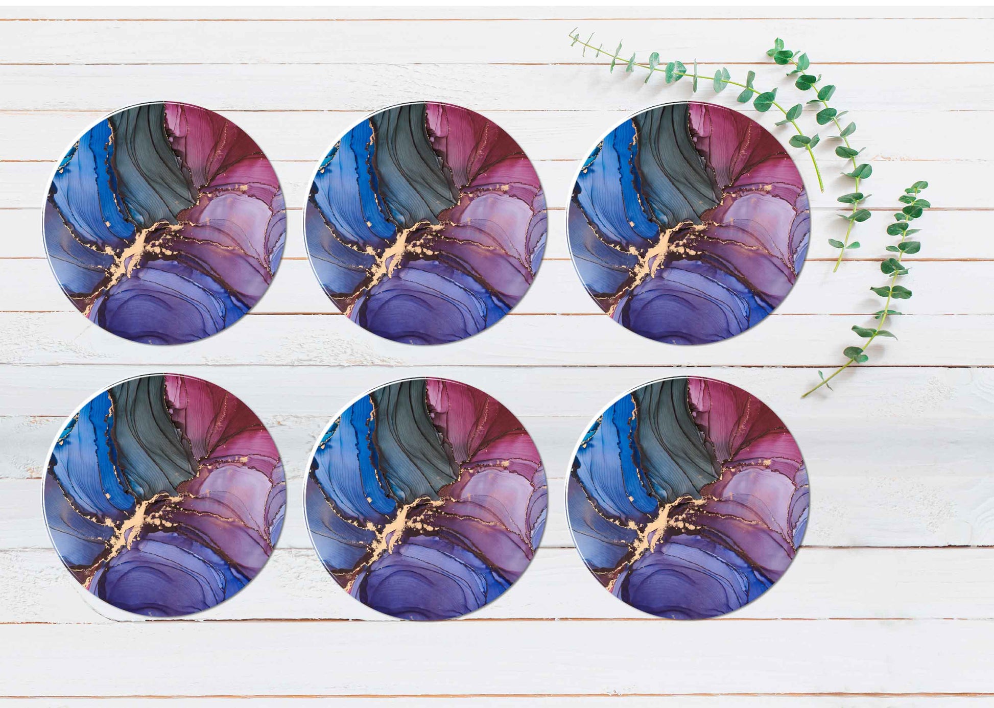 Purple Blue Pink Gold Abstract Design Coasters Wood & Rubber - Set of 6 Coasters