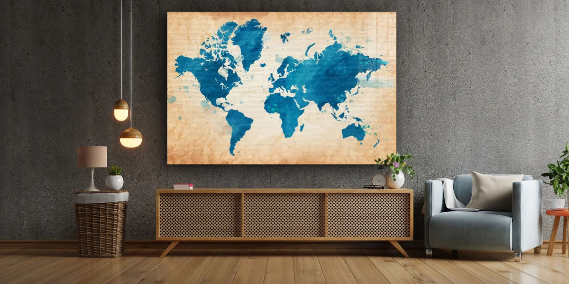 Blue World Map Vector Print Tempered Glass Wall Art 100% Made in Australia Ready to Hang