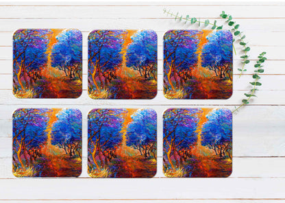 Forest & Sunset Painting Coasters Wood & Rubber - Set of 6 Coasters