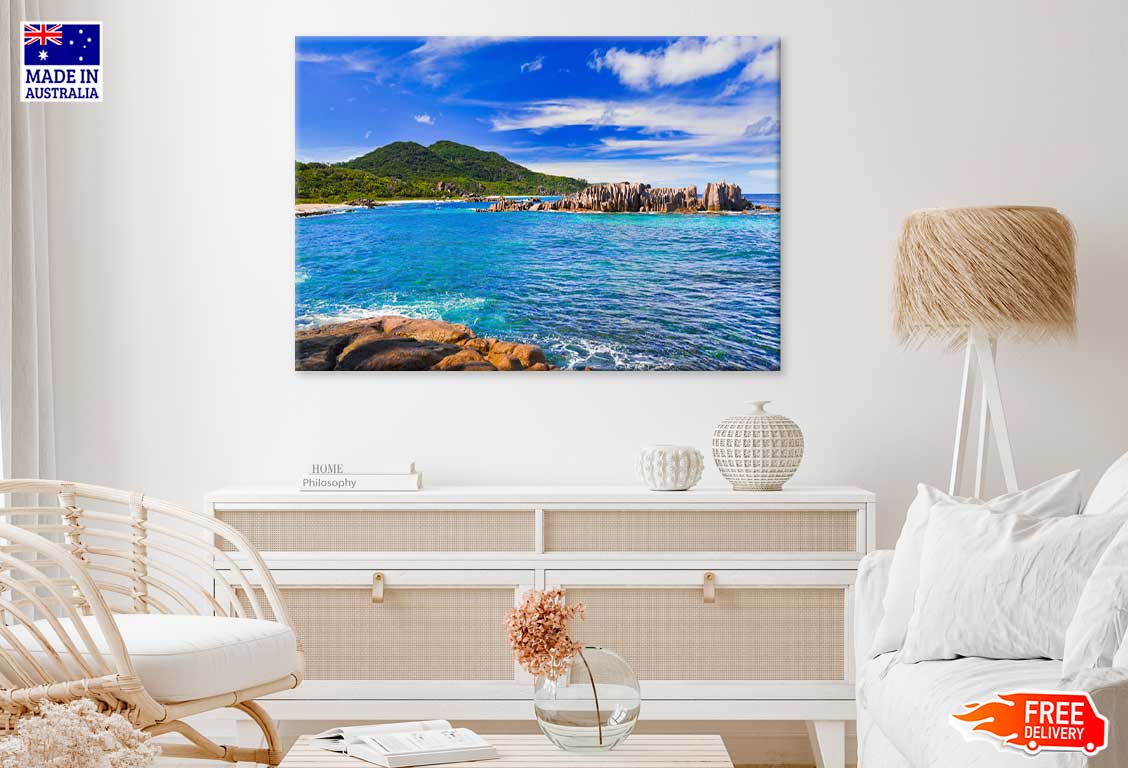 Rocks on Tropical Beach View at Seychelles Print 100% Australian Made