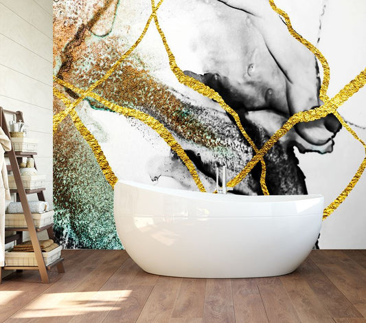 Wallpaper Murals Peel and Stick Removable Gold Black & Green Abstract Design High Quality