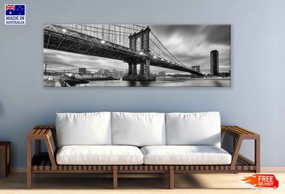 Panoramic Canvas Brooklyn Bridge B&W View Photograph High Quality 100% Australian Made Wall Canvas Print Ready to Hang