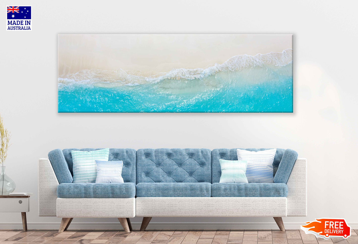 Panoramic Canvas Clear Blue Sea Waves Aerial View Photographin High Quality 100% Australian Made Wall Canvas Print Ready to Hang