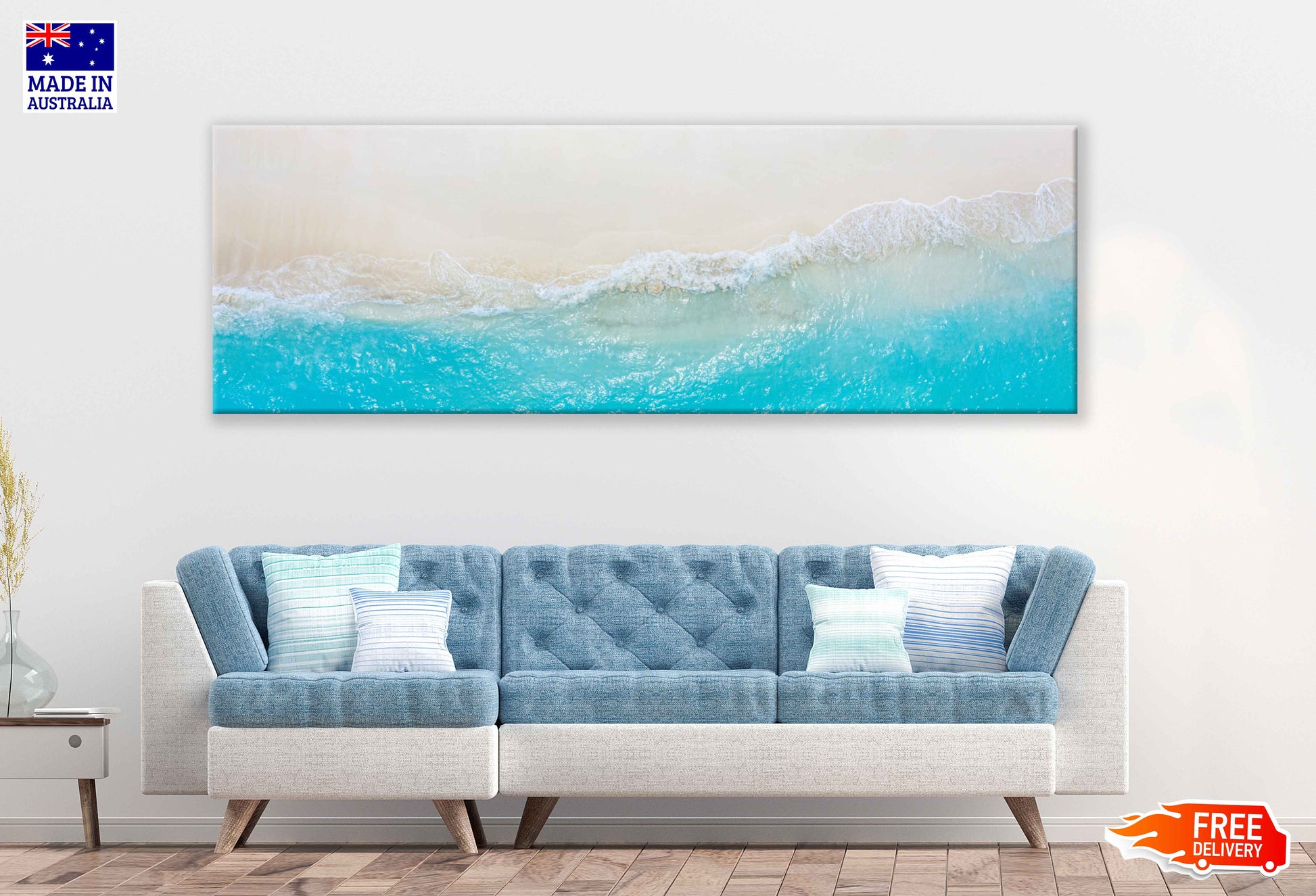 Panoramic Canvas Clear Blue Sea Waves Aerial View Photographin High Quality 100% Australian Made Wall Canvas Print Ready to Hang