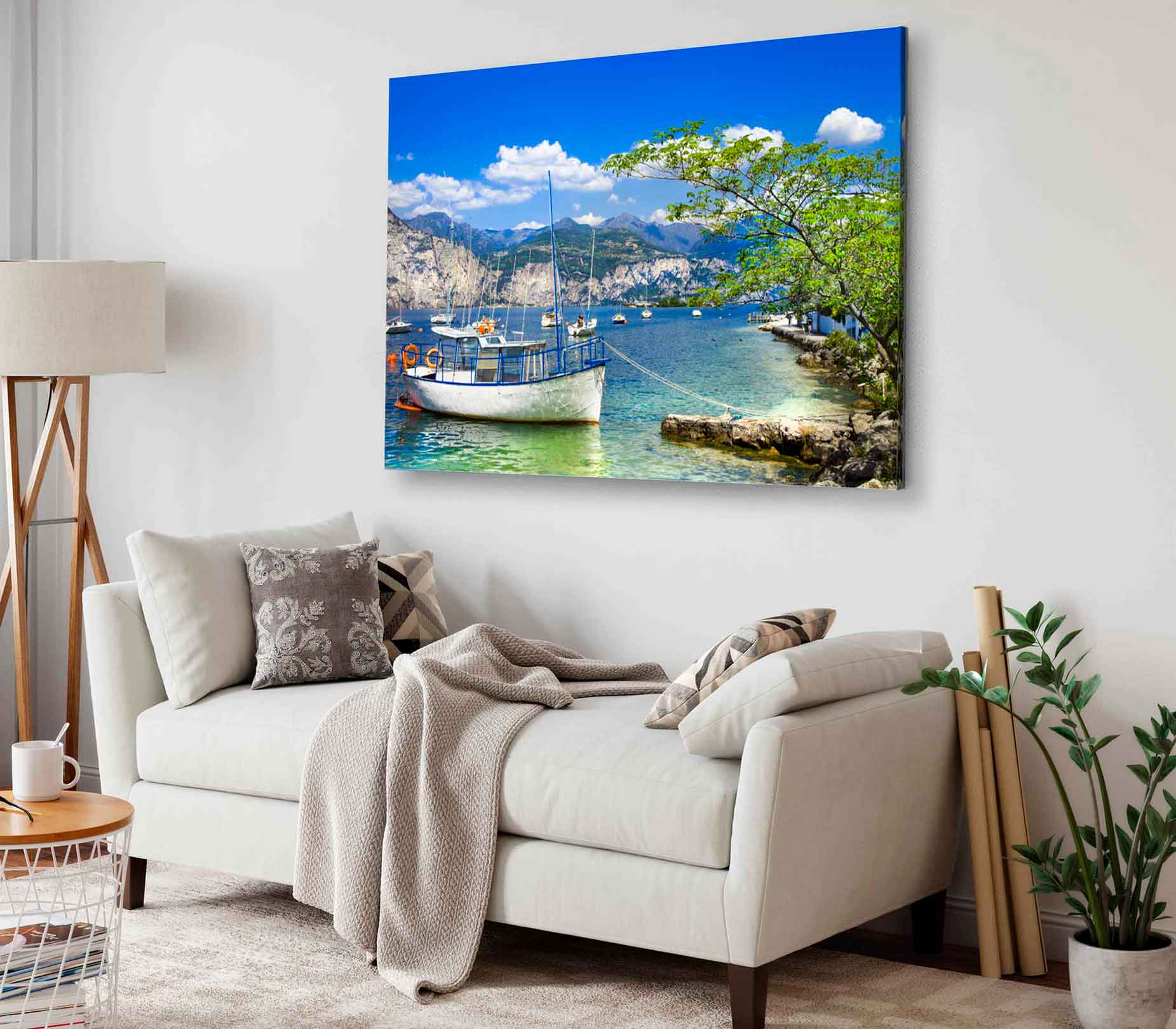 Bella Home Sea Boats & Mountain Range View Print Canvas Ready to hang