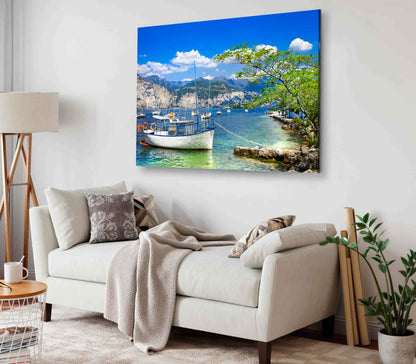 Bella Home Sea Boats & Mountain Range View Print Canvas Ready to hang