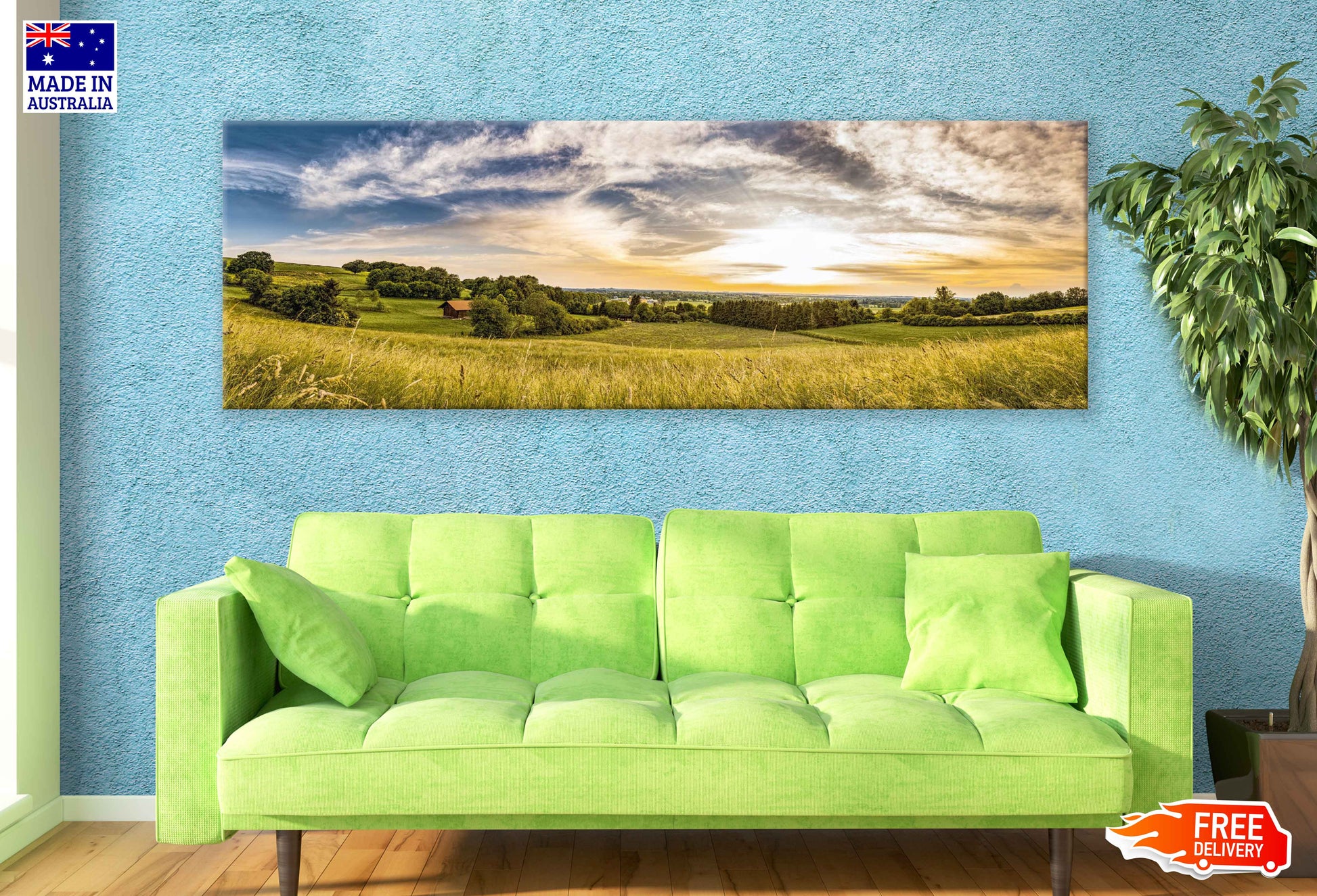 Panoramic Canvas Trees on Grass Field Photograph High Quality 100% Australian Made Wall Canvas Print Ready to Hang