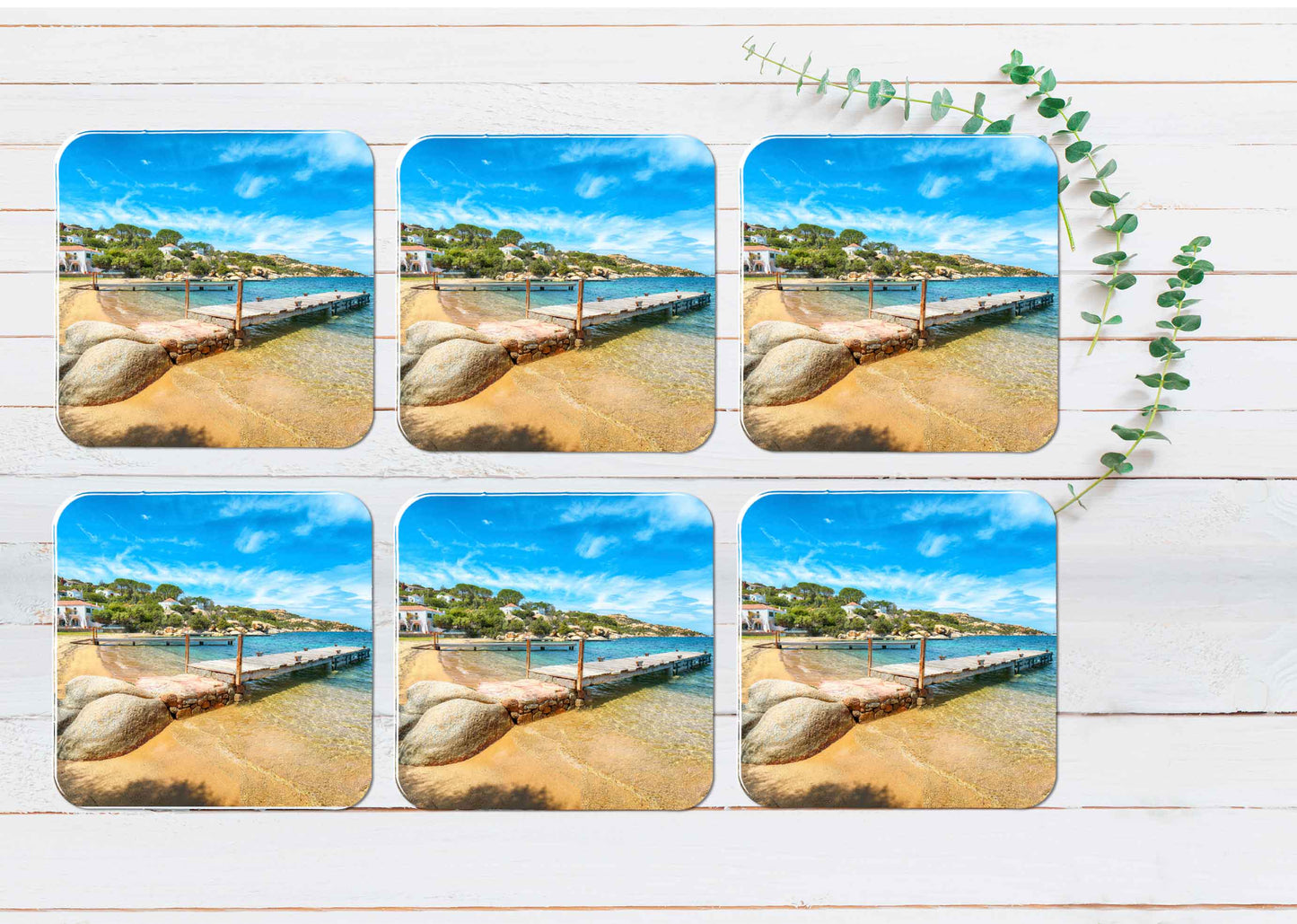 Seascape Beach View Coasters Wood & Rubber - Set of 6 Coasters