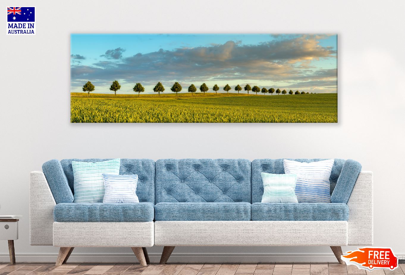 Panoramic Canvas Trees on Wheat Field View Photograph High Quality 100% Australian Made Wall Canvas Print Ready to Hang