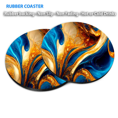 Gold & Blue Abstract Coasters Wood & Rubber - Set of 6 Coasters