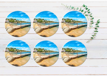 Seascape Beach View Coasters Wood & Rubber - Set of 6 Coasters