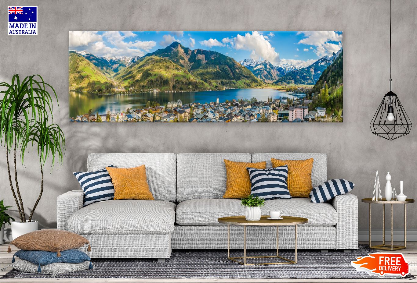 Panoramic Canvas Mountain & City Lake View Photograph High Quality 100% Australian Made Wall Canvas Print Ready to Hang