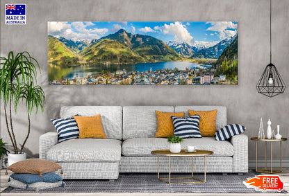 Panoramic Canvas Mountain & City Lake View Photograph High Quality 100% Australian Made Wall Canvas Print Ready to Hang