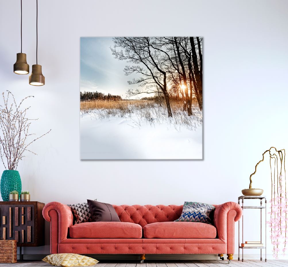 Square Canvas Trees & Grass on Snow Field View High Quality Print 100% Australian Made